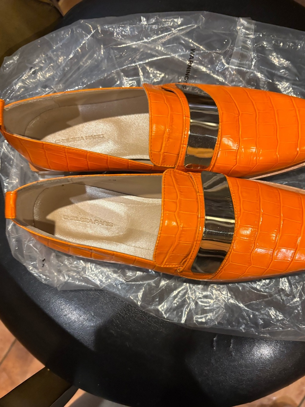 Chelsea Paris Orange Croc-Embossed Loafers with Gold Band